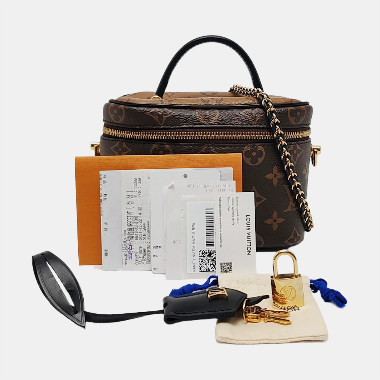 LOUIS VUITTON VANITY CHAIN POUCH Small Brown Coated Canvas Monogram Vernis Cosmetic Bag Shoulder Bag Crossbody Bag Handbag Gold Hardware Removable Shoulder Strap-(SKU)-966448523