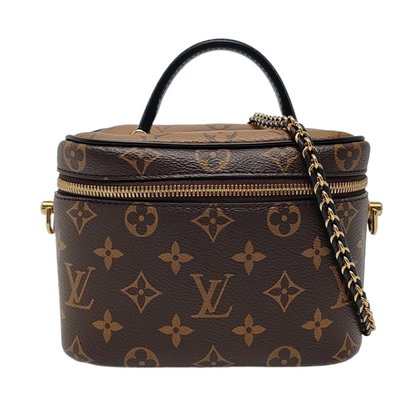 LOUIS VUITTON VANITY CHAIN POUCH Small Brown Coated Canvas Monogram Vernis Cosmetic Bag Shoulder Bag Crossbody Bag Handbag Gold Hardware Removable Shoulder Strap-(SKU)-966448523