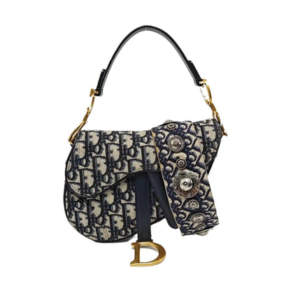 DIOR Saddle Mini Blue Canvas Monogram Saddle Bag Crossbody Shoulder Bag with Gold Hardware, Detachable Strap, Complete Accessories-(SKU)-967687563
