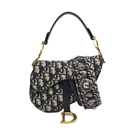 DIOR Saddle Mini Blue Canvas Monogram Saddle Bag Crossbody Shoulder Bag with Gold Hardware, Detachable Strap, Complete Accessories-(SKU)-967687563