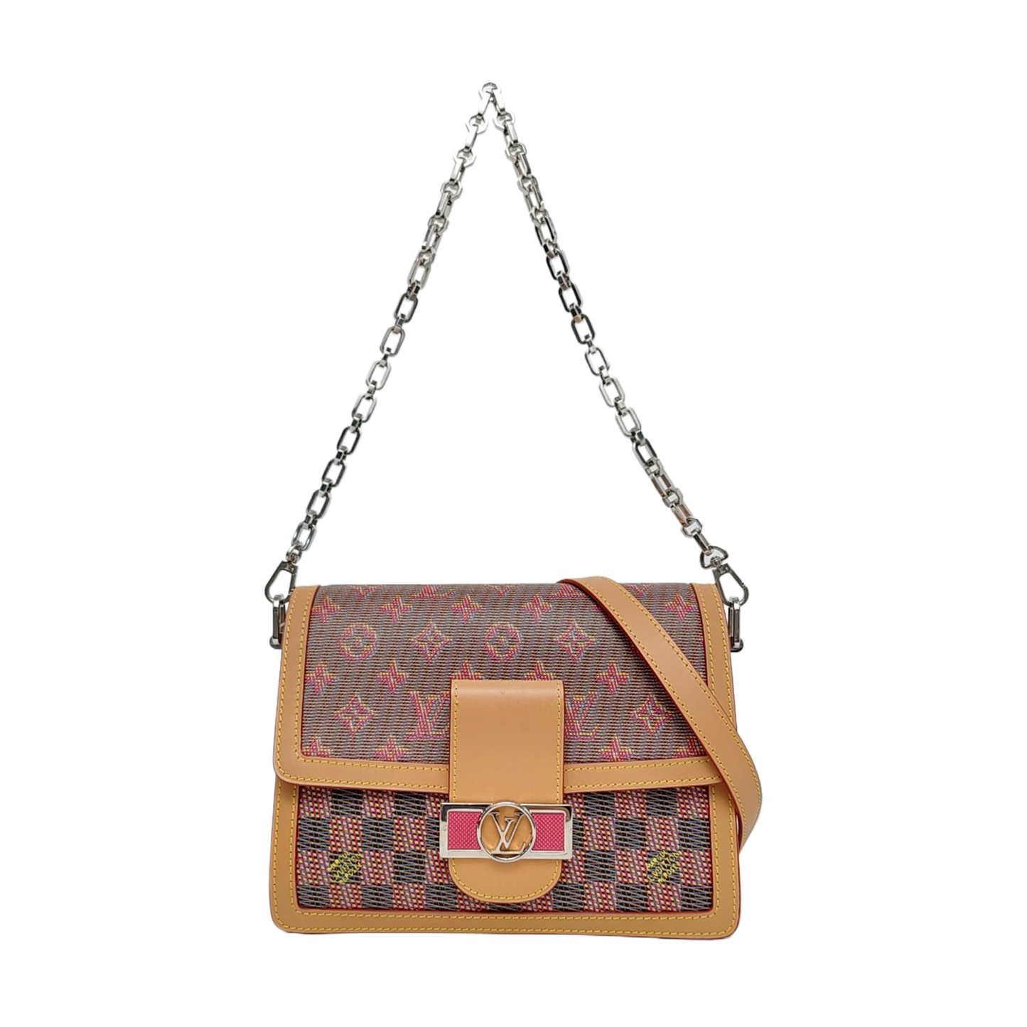 LOUIS VUITTON DAUPHINE Medium Red Calfskin Monogram Checkerboard Dauphine Single Shoulder Bag Sling Bag Silver Hardware 2 Removable Straps-(SKU)-967790529