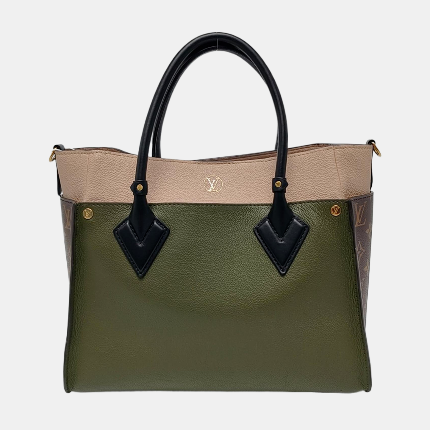 LOUIS VUITTON ON MY SIDE Medium Size Green Calfskin Monogram Single Shoulder Bag Handbag Gold Hardware Removable Shoulder Strap-(SKU)-968040035