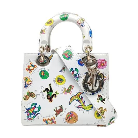 DIOR Lady Dior Small White Leather Printed Single Shoulder Bag Crossbody Bag Handbag Golden Hardware Removable Strap-(SKU)-968075185