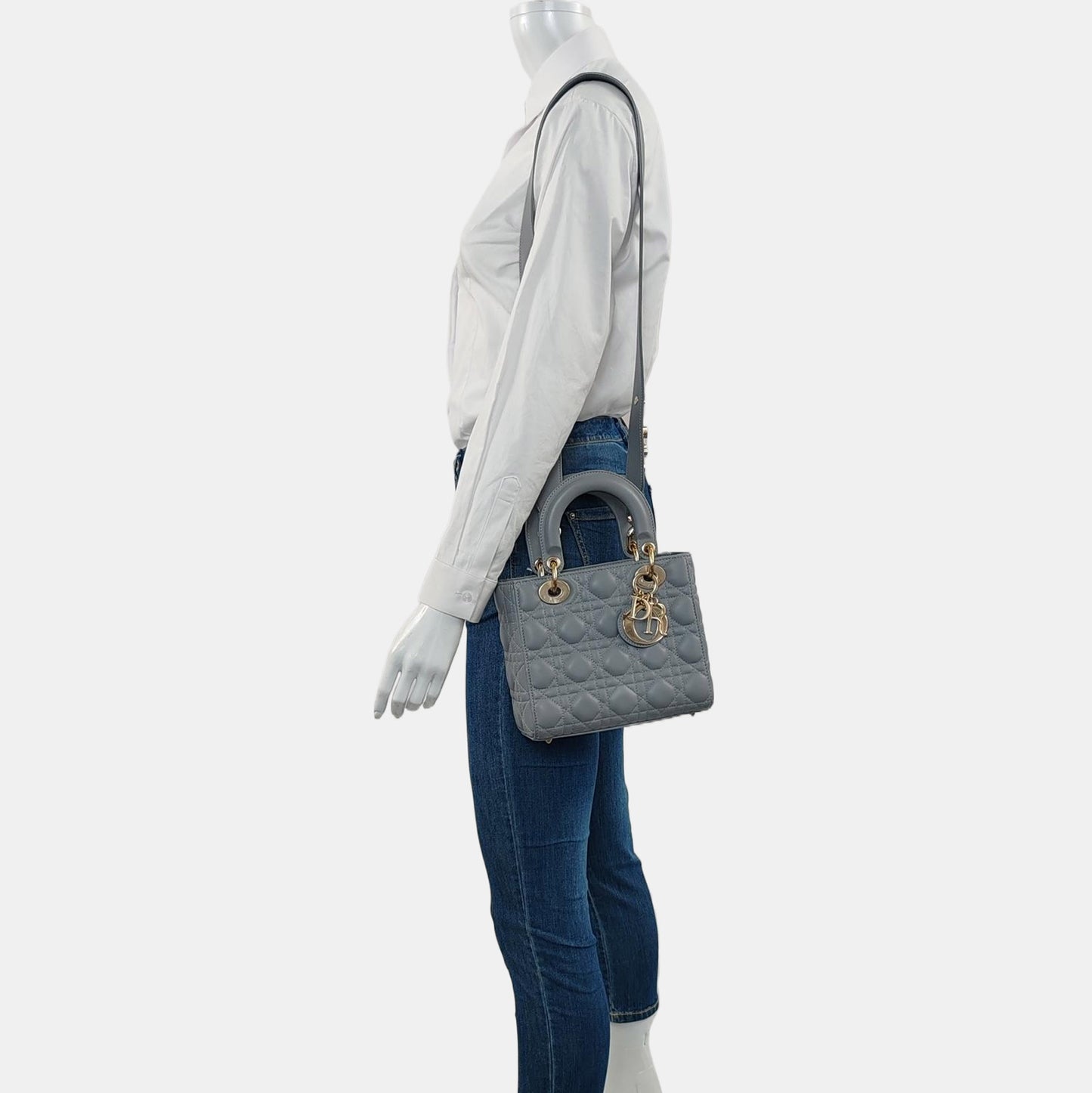 DIOR Lady Dior Small Grey Lamb Skin Quilted Cannage Diorever Shoulder Bag Tote Bag Crossbody Bag with Gold Hardware and Detachable Shoulder Strap, Complete Accessories-(SKU)-968155280