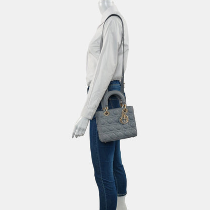 DIOR Lady Dior Small Grey Lamb Skin Quilted Cannage Diorever Shoulder Bag Tote Bag Crossbody Bag with Gold Hardware and Detachable Shoulder Strap, Complete Accessories-(SKU)-968155280