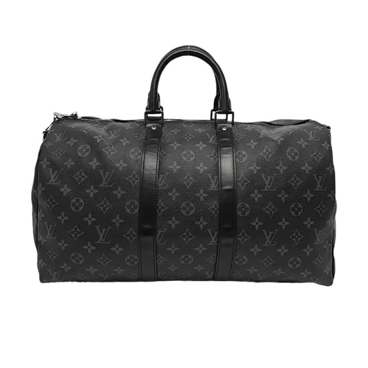 LOUIS VUITTON KEEPALL 45 Black Coated Canvas Vintage Black Samurai Shoulder Bag Tote Bag Crossbody Bag Silver Hardware-(SKU)-968270757