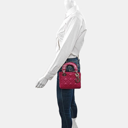 DIOR Lady Dior Mini Pinkish Red Lamb Leather Quilted Grained Three Compartment Shoulder Bag Crossbody Bag Tote Bag Silver Hardware Removable Strap-(SKU)-968391657