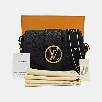 LOUIS VUITTON PONT 9 Small Black Calfskin Crossbody Shoulder Bag Tote Bag Gold Hardware Removable Shoulder Strap Full Accessories-(SKU)-968593873
