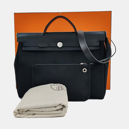 HERMÈS Herbag 35 black canvas shoulder bag silver hardware B detachable shoulder strap-(SKU)-968368535