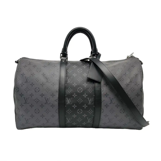 LOUIS VUITTON KEEPALL 50 Grey Coated Canvas Monogram Shoulder Bag Tote Crossbody Bag Silver Hardware Removable Shoulder Strap-(SKU)-967622018