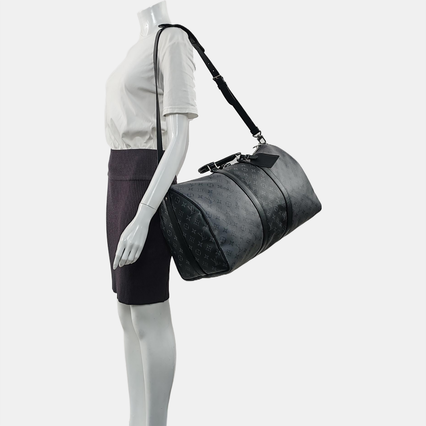 LOUIS VUITTON KEEPALL 50 Grey Coated Canvas Monogram Shoulder Bag Tote Crossbody Bag Silver Hardware Removable Shoulder Strap-(SKU)-967622018
