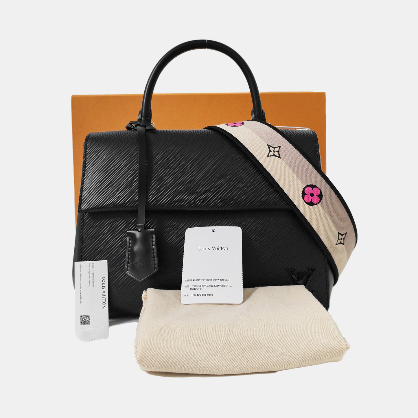 LOUIS VUITTON CLUNY BB Black EPI Calfskin Water Ripple Pattern Shoulder Bag Tote Bag Crossbody Bag Silver Hardware Removable Strap Included Accessories Complete-(SKU)-968507164