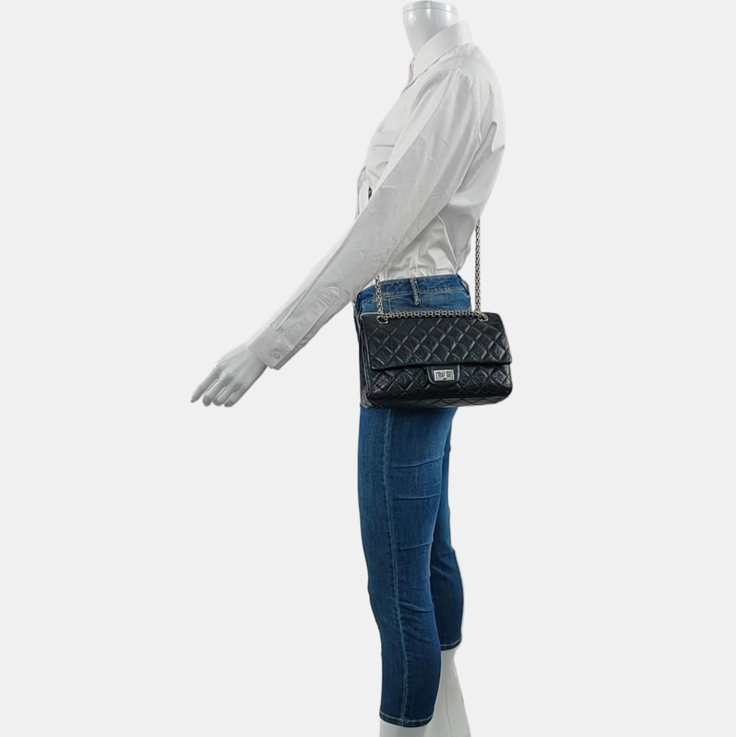 CHANEL 2.55 Small Black Leather Quilted Chain Shoulder Bag with Palladium Hardware, 13 Clasps-(SKU)-968740312