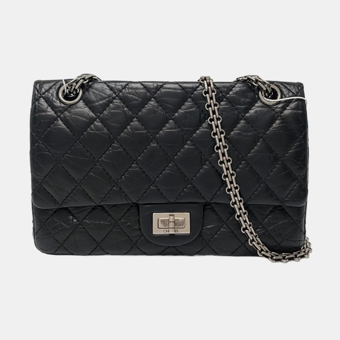 CHANEL 2.55 Small Black Leather Quilted Chain Shoulder Bag with Palladium Hardware, 13 Clasps-(SKU)-968740312