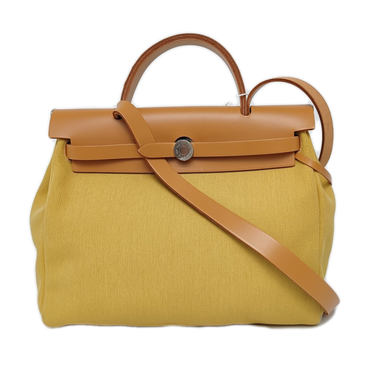 HERMÈS Herbag 31 Fennel Canvas Crossbody, Tote, and Shoulder Bag with Silver Hardware D, Detachable Strap-(SKU)-968228092