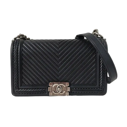CHANEL BOY CHANEL Black Leather Quilted V-Stitch Crossbody Bag Rhodium Hardware 23 Openings Removable Strap-(SKU)-968641793