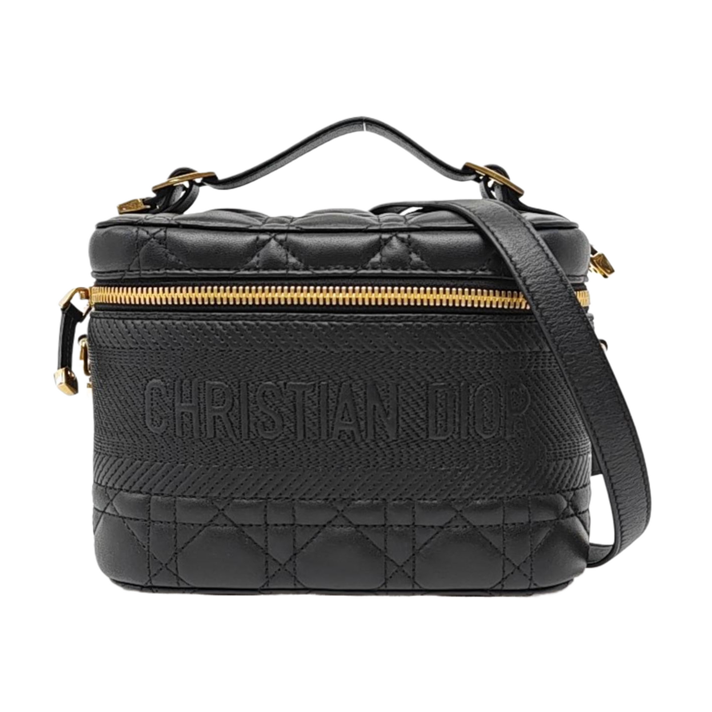 DIOR Travel Vanity Black Leather Woven Make-up Box Single Shoulder Bag Crossbody Bag Handbag Removable Strap Gold Hardware Accessories Included-(SKU)-968827217