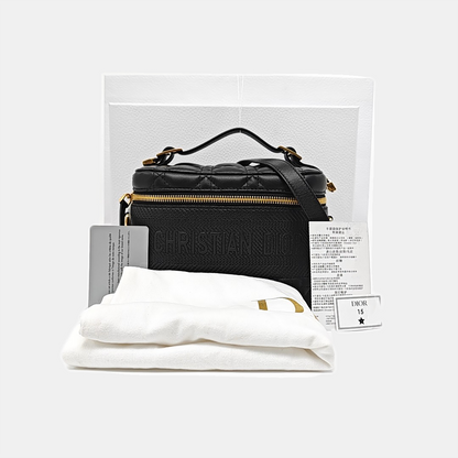 DIOR Travel Vanity Black Leather Woven Make-up Box Single Shoulder Bag Crossbody Bag Handbag Removable Strap Gold Hardware Accessories Included-(SKU)-968827217