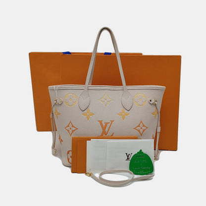 LOUIS VUITTON NEVERFULL Medium Beige Leather Monogram Tote Shoulder Bag with Shoulder Strap, Gold Hardware-(SKU)-968750223