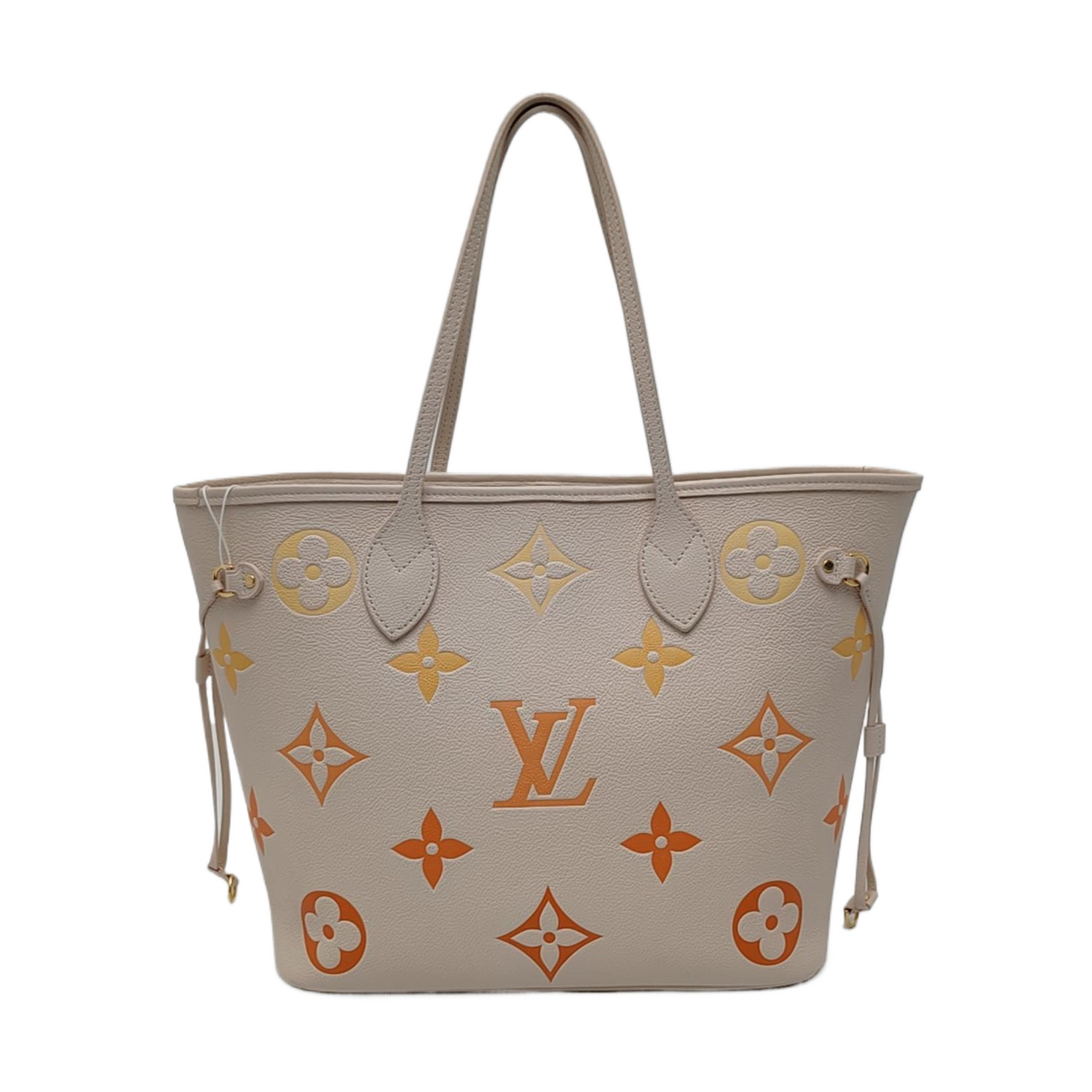 LOUIS VUITTON NEVERFULL Medium Beige Leather Monogram Tote Shoulder Bag with Shoulder Strap, Gold Hardware-(SKU)-968750223