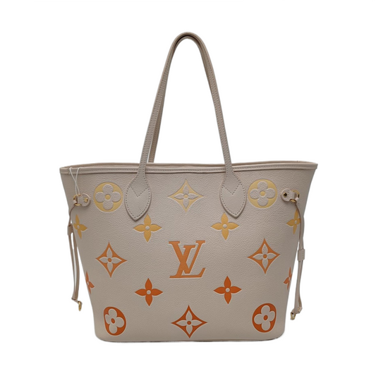 LOUIS VUITTON NEVERFULL Medium Beige Leather Monogram Tote Shoulder Bag with Shoulder Strap, Gold Hardware-(SKU)-968750223