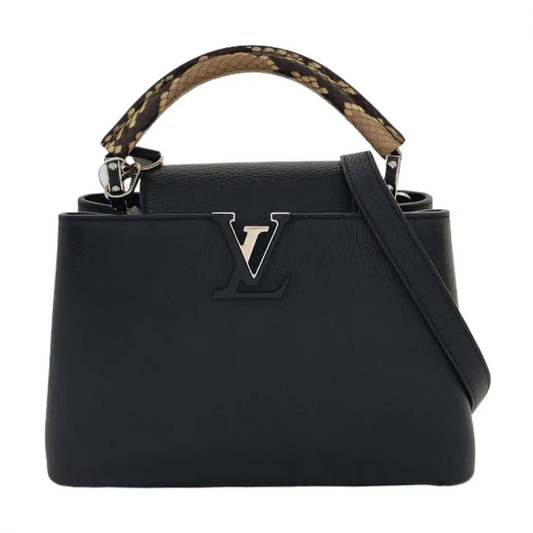 LOUIS VUITTON CAPUCINES Small-sized Black Cowhide Snake Pattern Crossbody Bag Silver Hardware Removable Shoulder Strap-(SKU)-968885422