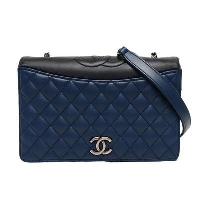 CHANEL BALLERINE Deep Blue Leather Quilted Monogram Shoulder Bag Crossbody Bag Silver Hardware 23cm-(SKU)-969147033