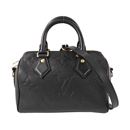 LOUIS VUITTON SPEEDY Medium-sized Black Leather Monogram Embossed Boston Bag Shoulder Bag Golden Hardware Removable Shoulder Strap-(SKU)-969021720