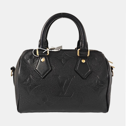 LOUIS VUITTON SPEEDY Medium-sized Black Leather Monogram Embossed Boston Bag Shoulder Bag Golden Hardware Removable Shoulder Strap-(SKU)-969021720
