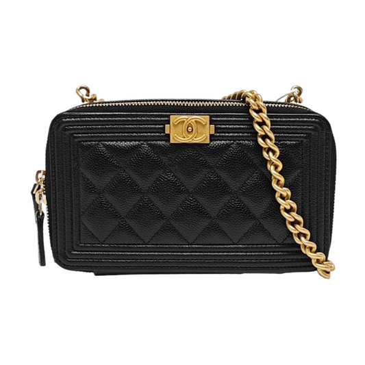 CHANEL BOY CHANEL Black Calfskin Quilted Intrecciato Crossbody Bag, Shoulder Bag, Golden Hardware-(SKU)-969181374