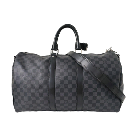 LOUIS VUITTON KEEPALL 45 Grey Coated Canvas Chessboard Pattern Single Shoulder Bag Handbag Crossbody Bag Detachable Strap-(SKU)-969251139