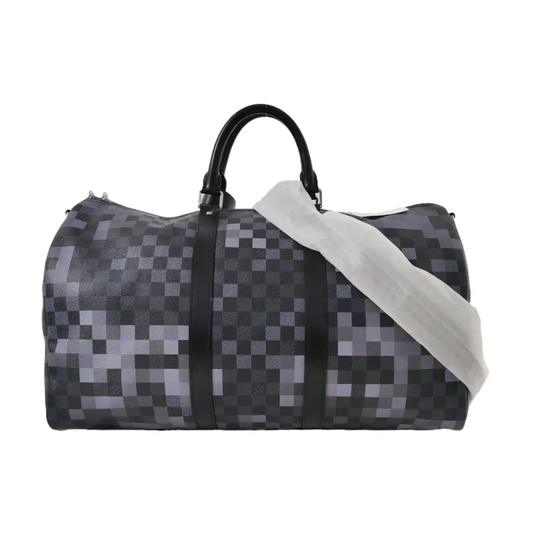 LOUIS VUITTON KEEPALL 50 Grey Coated Canvas Chessboard Pattern Single Shoulder Bag Handbag Crossbody Bag Detachable Strap-(SKU)-969251083