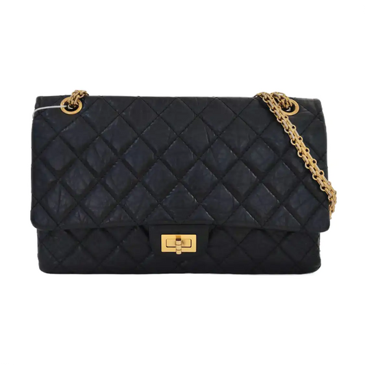 CHANEL 2.55 Large Black Calfskin Quilted Single Shoulder Bag Crossbody with Gold Hardware, 14 Clasp-(SKU)-969102253