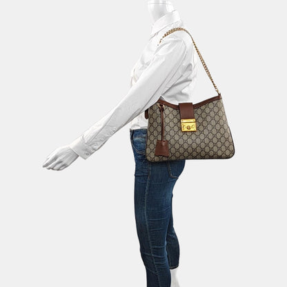 GUCCI Padlock Medium Brown Coated Canvas Monogram Shoulder Bag Handbag Golden Hardware-(SKU)-969086210