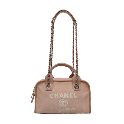 CHANEL DEAUVILLE Small Pink Fabric Embroidered Beach Bag Single Shoulder Bag Tote Bag Silver Hardware 20 Clasp-(SKU)-969172719