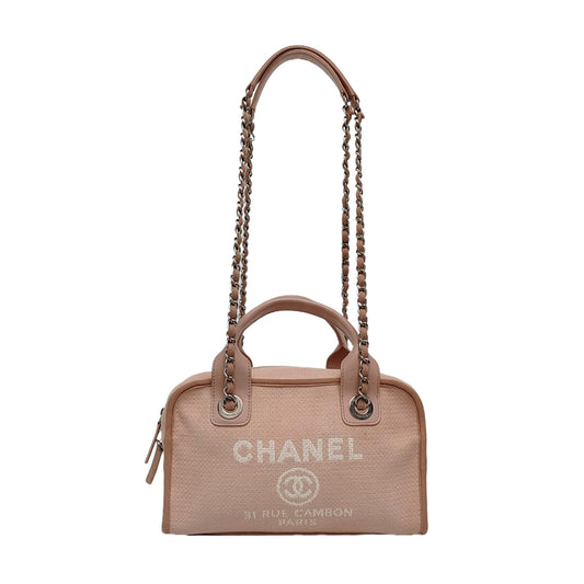 CHANEL DEAUVILLE Small Pink Fabric Embroidered Beach Bag Single Shoulder Bag Tote Bag Silver Hardware 20 Clasp-(SKU)-969172719