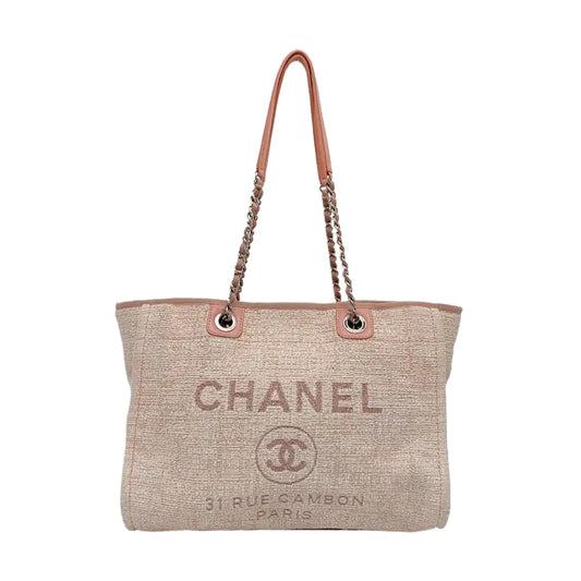CHANEL DEAUVILLE Small Pink Canvas Shoulder Bag with Silver Hardware, 25 Clasps-(SKU)-969333382