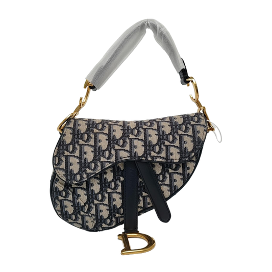 DIOR Saddle Blue Canvas Monogram Saddle Bag Handbag Shoulder Bag Crossbody Bag with Gold Hardware Removable Strap-(SKU)-969434186