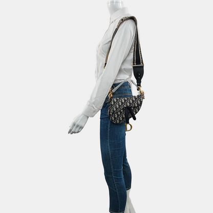 DIOR Saddle Blue Canvas Monogram Saddle Bag Handbag Shoulder Bag Crossbody Bag with Gold Hardware Removable Strap-(SKU)-969434186