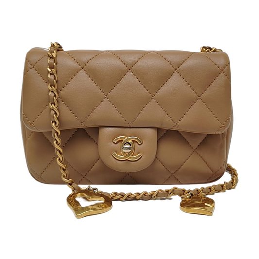 CHANEL CLASSIC FLAP Mini Khaki Lamb Leather Quilted Chevron Shoulder Crossbody Bag Golden Hardware-(SKU)-969262802
