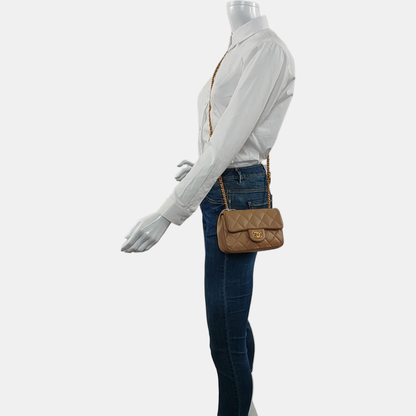 CHANEL CLASSIC FLAP Mini Khaki Lamb Leather Quilted Chevron Shoulder Crossbody Bag Golden Hardware-(SKU)-969262802