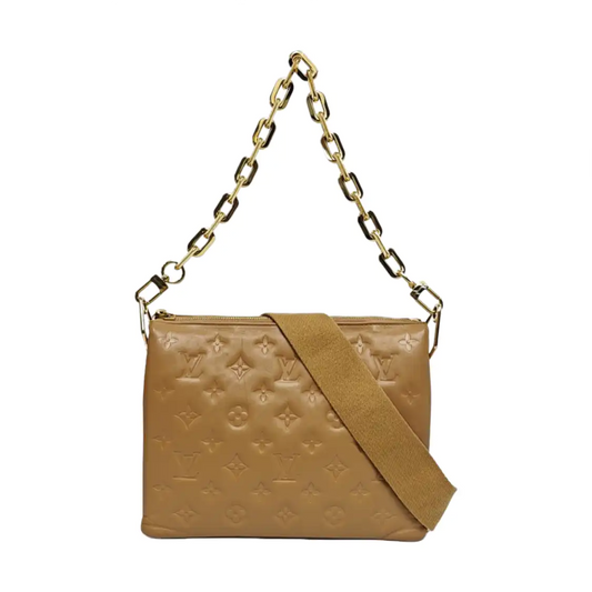 LOUIS VUITTON COUSSIN Small Khaki Calfskin Monogram Embossed Crossbody Bag Shoulder Bag Gold Hardware 2 Removable Straps Accessories Included-(SKU)-969393428