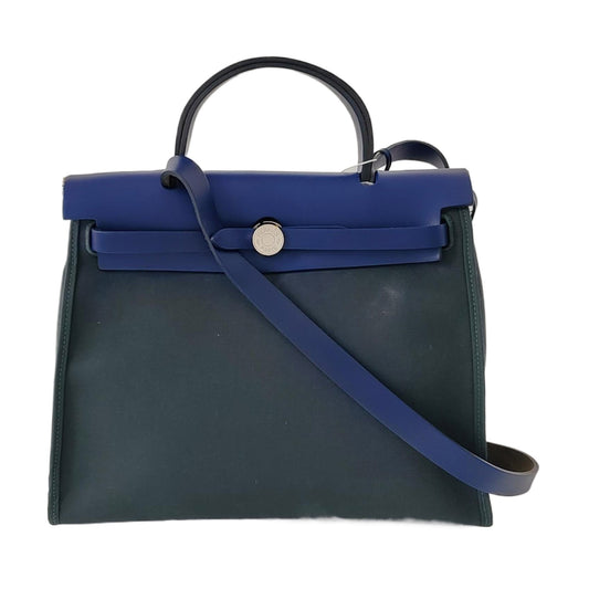 HERMÈS Herbag 31 Pine Green Canvas Crossbody, Tote, and Shoulder Bag with Silver Hardware C, Detachable Strap-(SKU)-969467115