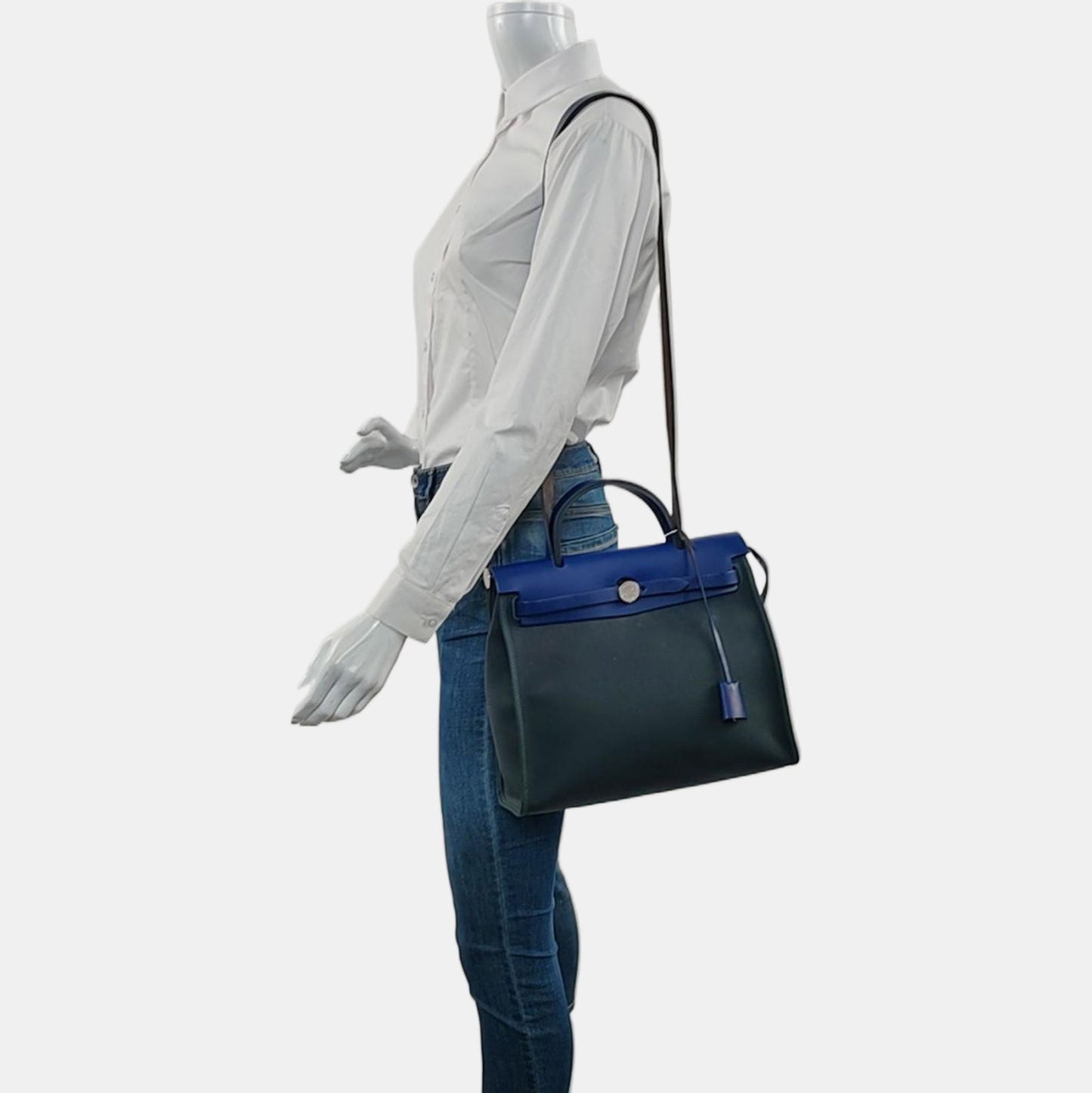 HERMÈS Herbag 31 Pine Green Canvas Crossbody, Tote, and Shoulder Bag with Silver Hardware C, Detachable Strap-(SKU)-969467115