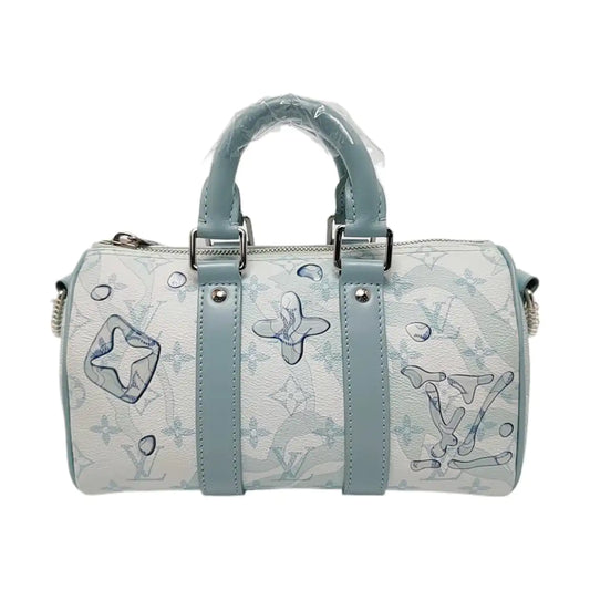 LOUIS VUITTON KEEPALL 25 Blue coated canvas monogram floral Boston bag shoulder bag handbag crossbody bag with silver hardware and removable shoulder strap-(SKU)-969471035