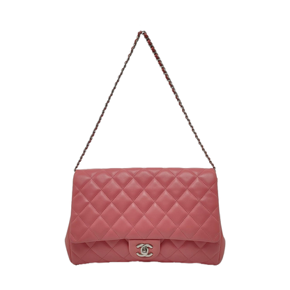 CHANEL CLASSIC FLAP Pink Lamb Leather Quilted Chevron Shoulder Bag Silver Hardware 18 Openings Complete Accessories-(SKU)-969451991