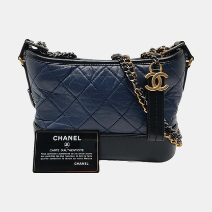 CHANEL GABRIELLE Small Deep Blue Calfskin Leather Quilted Hobo Shoulder Bag 28 Clasp Gold Silver Rhodium Hardware Removable Shoulder Strap-(SKU)-969331059
