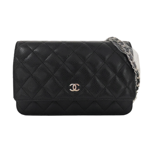CHANEL WOC Black Calfskin Quilted Intrecciato Crossbody Bag, Shoulder Bag, Silver Hardware, 27 Clasp-(SKU)-962200199