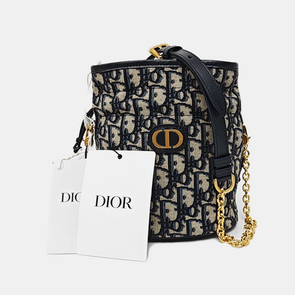 DIOR 30 Montaigne Mini Blue Fabric Monogram Embossed Shoulder Bag Tote Crossbody Bag Gold Hardware Removable Strap-(SKU)-969653781