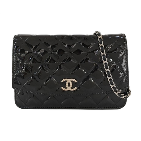 CHANEL WOC Black Patent Leather Quilted Crossbody and Single Shoulder Bag with Silver Hardware, 18 Clasps-(SKU)-969632821